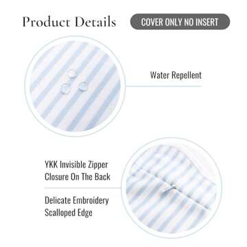 Hofdeco Premium Coastal Patio Indoor Outdoor Scalloped Throw Pillow Cover Only, 20"x20" Water Repellent for Backyard, Couch, Baby Blue Print Stripes