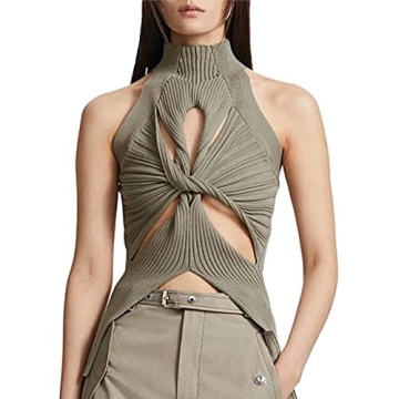 Women Sexy Cut Out Twist Front Tank Tops - Hollow Out Mock Neck - Khaki