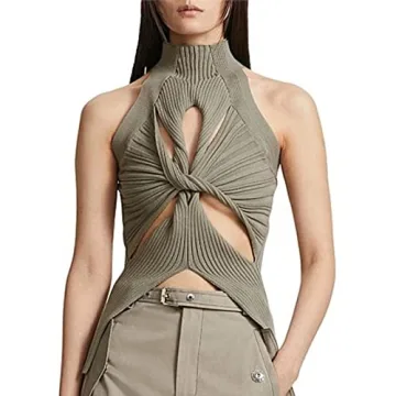 Women Sexy Cut Out Twist Front Tank Tops - Hollow Out Mock Neck - Khaki