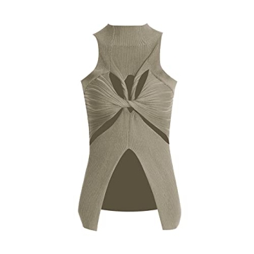 Women Sexy Cut Out Twist Front Tank Tops in Khaki