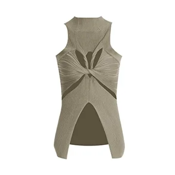 Women Sexy Cut Out Twist Front Tank Tops in Khaki