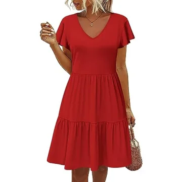 HOTOUCH Summer V Neck A Line Dress - Flowy Mini Dress with Pockets for Women 2024
