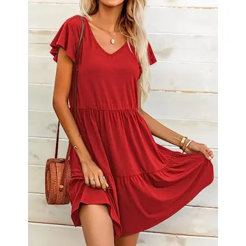 HOTOUCH Summer V Neck A Line Tiered Dress with Pockets