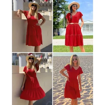 HOTOUCH Summer V Neck A Line Tiered Dress with Pockets