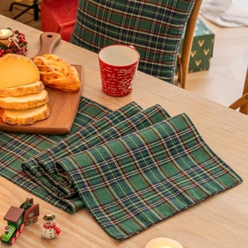 Green Blue Plaid Christmas Table Runner - 72 Inch Festive Decor for Home Dining Parties