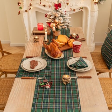 Green Blue Plaid Christmas Table Runner for Holiday Decor