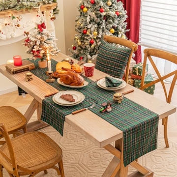 Green Blue Plaid Christmas Table Runner for Holiday Decor