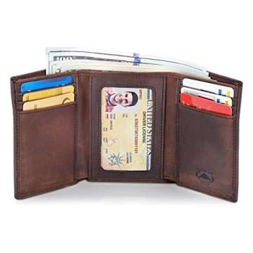 Stealth Mode Trifold Leather Wallet for Men with RFID Blocking (Brown)