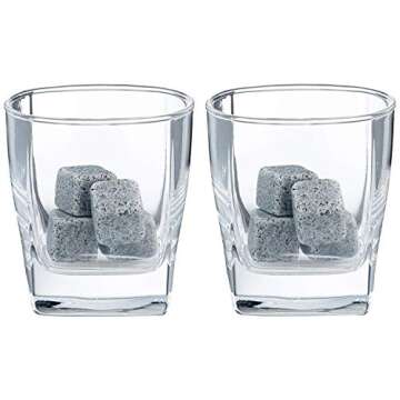 Whiskey Stones and Drinking Glasses Gift Set - 8 Granite Chilling Stones, 2 Premium 9 Ounce Whiskey Glasses, Display Case, Chills Drink, No Dilution, Perfect Birthday Gift for Him or Barware Accessory