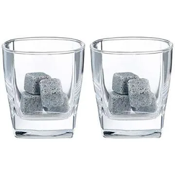 Whiskey Stones and Drinking Glasses Gift Set - 8 Granite Chilling Stones, 2 Premium 9 Ounce Whiskey Glasses, Display Case, Chills Drink, No Dilution, Perfect Birthday Gift for Him or Barware Accessory