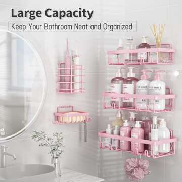Liuoud Shower Caddy 5 Pack, Bathroom Shower Organizer Rack for Inside Shower, Adhesive Shower Shelf, Shampoo Holder, Shower Basket, Metal Wall Storage, Pink