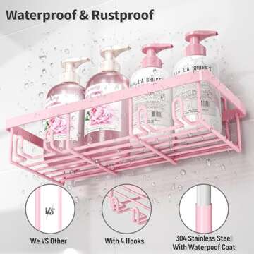 Liuoud Shower Caddy 5 Pack, Bathroom Shower Organizer Rack for Inside Shower, Adhesive Shower Shelf, Shampoo Holder, Shower Basket, Metal Wall Storage, Pink