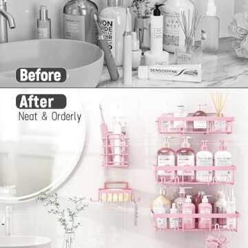 Liuoud Shower Caddy 5 Pack, Bathroom Shower Organizer Rack for Inside Shower, Adhesive Shower Shelf, Shampoo Holder, Shower Basket, Metal Wall Storage, Pink