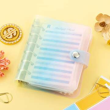 A7 Budget Binder Soft Colorful PVC 6-Ring Mini Binder 5.39x4.33, with Mini Binder Pockets x8 Zipper, Budget Sheets x12, Cash Envelope Sticker x42, Label Sticker x12, Harphia 143F-A7 Color