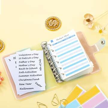 A7 Budget Binder Soft Colorful PVC 6-Ring Mini Binder 5.39x4.33, with Mini Binder Pockets x8 Zipper, Budget Sheets x12, Cash Envelope Sticker x42, Label Sticker x12, Harphia 143F-A7 Color