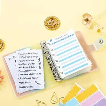 A7 Budget Binder Soft Colorful PVC 6-Ring Mini Binder 5.39x4.33, with Mini Binder Pockets x8 Zipper, Budget Sheets x12, Cash Envelope Sticker x42, Label Sticker x12, Harphia 143F-A7 Color