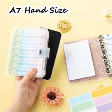 A7 Budget Binder Soft Colorful PVC 6-Ring Mini Binder 5.39x4.33, with Mini Binder Pockets x8 Zipper, Budget Sheets x12, Cash Envelope Sticker x42, Label Sticker x12, Harphia 143F-A7 Color