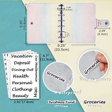 A7 Budget Binder Soft Colorful PVC 6-Ring Mini Binder 5.39x4.33, with Mini Binder Pockets x8 Zipper, Budget Sheets x12, Cash Envelope Sticker x42, Label Sticker x12, Harphia 143F-A7 Color