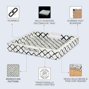 Handicrafts Home Moroccan Pattern Inspired Decorative Trays 12x12 - Chic Black & White Centerpiece, Versatile Ottoman Tray for Modern Home Decor, Artistic Kitchen Serving Tray, Ideal Gift-Worthy Tray