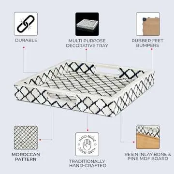 Handicrafts Home Moroccan Pattern Inspired Decorative Trays 12x12 - Chic Black & White Centerpiece, Versatile Ottoman Tray for Modern Home Decor, Artistic Kitchen Serving Tray, Ideal Gift-Worthy Tray
