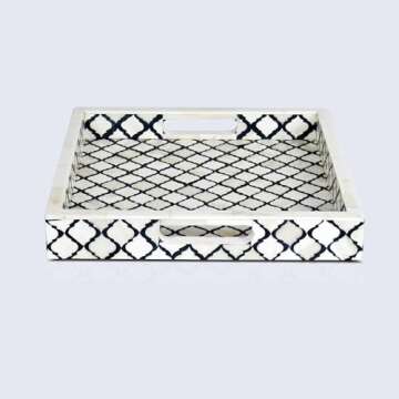 Handicrafts Home Moroccan Pattern Inspired Decorative Trays 12x12 - Chic Black & White Centerpiece, Versatile Ottoman Tray for Modern Home Decor, Artistic Kitchen Serving Tray, Ideal Gift-Worthy Tray