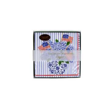 Caspari American Flags and Hydrangeas Boxed Paper Party Cocktail Napkins, 40 Per Box