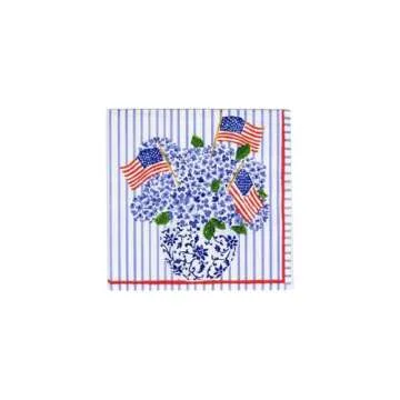 Caspari American Flags and Hydrangeas Boxed Paper Party Cocktail Napkins, 40 Per Box