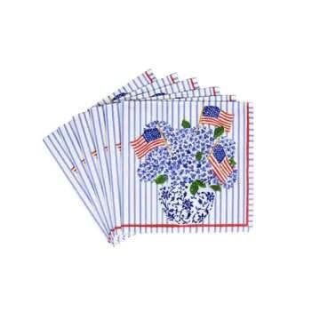 Caspari American Flags and Hydrangeas Boxed Paper Party Cocktail Napkins, 40 Per Box