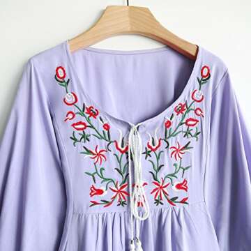 futurino Women Mexican Embroidered Floral Peasant Dress Casual Retro Boho A line Loose Dress Lanter Sleeve Lavender