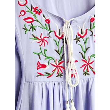 futurino Women Mexican Embroidered Floral Peasant Dress Casual Retro Boho A line Loose Dress Lanter Sleeve Lavender