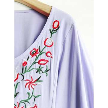 futurino Women Mexican Embroidered Floral Peasant Dress Casual Retro Boho A line Loose Dress Lanter Sleeve Lavender