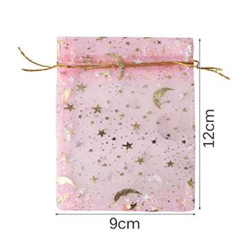 SUMAJU 100 Count Pink Moon Star Organza Gift Bags, Wedding, Party Favor Bags, 3.5x4.7Inch