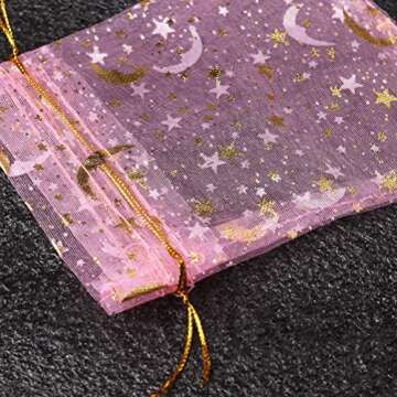 SUMAJU 100 Count Pink Moon Star Organza Gift Bags, Wedding, Party Favor Bags, 3.5x4.7Inch