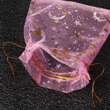 SUMAJU 100 Count Pink Moon Star Organza Gift Bags, Wedding, Party Favor Bags, 3.5x4.7Inch