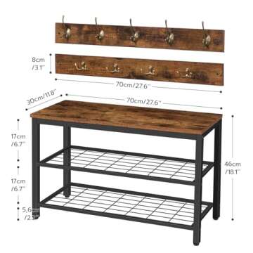 HOOBRO Hall Tree with Bench, Coat Rack Shoe Bench Set, Entryway Shoe Rack Bench with Coat Hooks, Hall Tree Coat Rack, 27.6"L x 11.8"W x 18.1"H, Industrial, for Foyer, Front Door, Rustic Brown BF07MT01