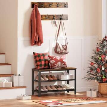 HOOBRO Hall Tree with Bench, Coat Rack Shoe Bench Set, Entryway Shoe Rack Bench with Coat Hooks, Hall Tree Coat Rack, 27.6"L x 11.8"W x 18.1"H, Industrial, for Foyer, Front Door, Rustic Brown BF07MT01