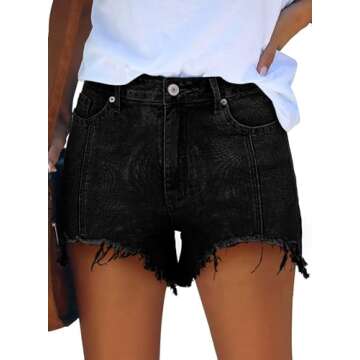 Jean Shorts Womens High Waisted Casual Stretchy Denim Shorts Frayed Distressed Boyfriend Shorts for Summer（Black,L）