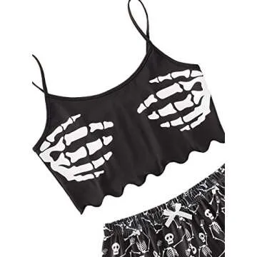 SOLY HUX Women's Cute Cartoon Print Lettuce Trim Cami Top and Shorts Cute Pajama Set Sleepwear Black Skull M