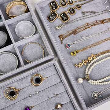 VIEFIN Jewelry Organizer Jewelry Box, Earring Organizer Ring Bracelet Holder Jewelry Case, Velvet Stackable Necklace Jewelry Gift Boxes Dishes Display Trays Closet Storage For Girls- Set Of 3, Grey