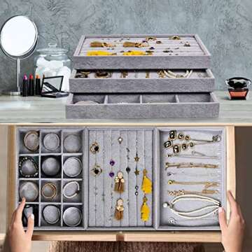 VIEFIN Jewelry Organizer Jewelry Box, Earring Organizer Ring Bracelet Holder Jewelry Case, Velvet Stackable Necklace Jewelry Gift Boxes Dishes Display Trays Closet Storage For Girls- Set Of 3, Grey