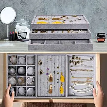 VIEFIN Jewelry Organizer Jewelry Box, Earring Organizer Ring Bracelet Holder Jewelry Case, Velvet Stackable Necklace Jewelry Gift Boxes Dishes Display Trays Closet Storage For Girls- Set Of 3, Grey