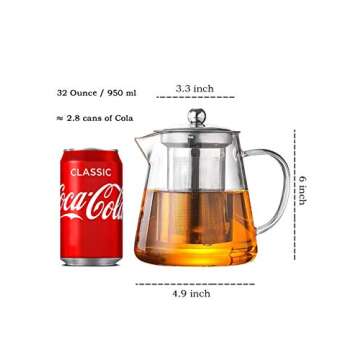 Glass Teapot Infuser 32oz Stovetop Safe Tea Kettle