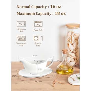 Yedio 18 oz Gravy Boat with Saucer, Large White Ceramic Gravy Boat, Boat and Tray for Turkey Beef Sauce, Salad Dressing, Creamer, Milk, Broth,Microwave and Dishwasher Safe