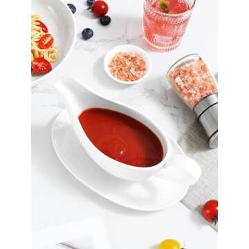 Yedio 18 oz Gravy Boat with Saucer, Large White Ceramic Gravy Boat, Boat and Tray for Turkey Beef Sauce, Salad Dressing, Creamer, Milk, Broth,Microwave and Dishwasher Safe