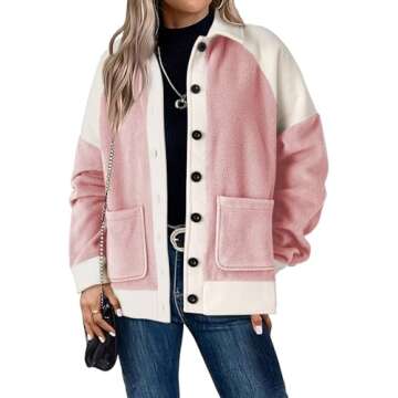 SHEWIN Ladies Winter Coats for Women Sherpa Fuzzy Fleece Patched Jacket Long Sleeve Button Shacket Pink XX-Large
