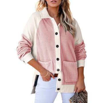 SHEWIN Ladies Winter Coats for Women Sherpa Fuzzy Fleece Patched Jacket Long Sleeve Button Shacket Pink XX-Large