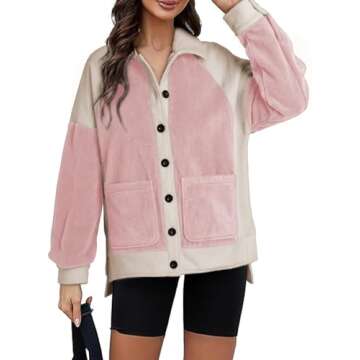 SHEWIN Ladies Winter Coats for Women Sherpa Fuzzy Fleece Patched Jacket Long Sleeve Button Shacket Pink XX-Large