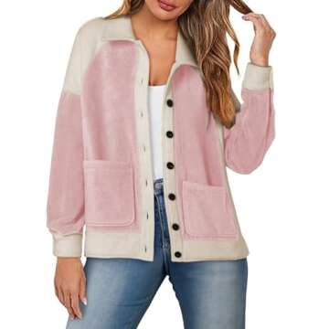 SHEWIN Ladies Winter Coats for Women Sherpa Fuzzy Fleece Patched Jacket Long Sleeve Button Shacket Pink XX-Large