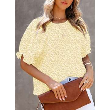 Dokotoo Summer Tops for Women Cute Floral Print Crewneck Smocked Puff Sleeve Blouses Babydoll Shirts for Women Teen Girls Casual Holiday Boho Clothing S Yellow