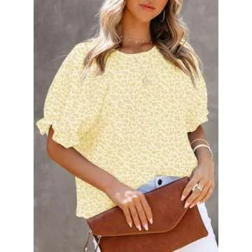 Dokotoo Summer Tops for Women Cute Floral Print Crewneck Smocked Puff Sleeve Blouses Babydoll Shirts for Women Teen Girls Casual Holiday Boho Clothing S Yellow